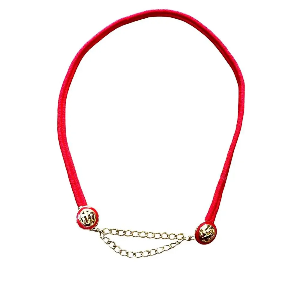 Red cord stretch belt gold coin rounds textured buttons & chain details OS